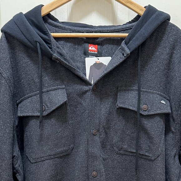 Quiksilver Men's Hooded Buttoned Flannel Shirt Size XXL Black Plaid Y2K (NEW) - Picture 3 of 13